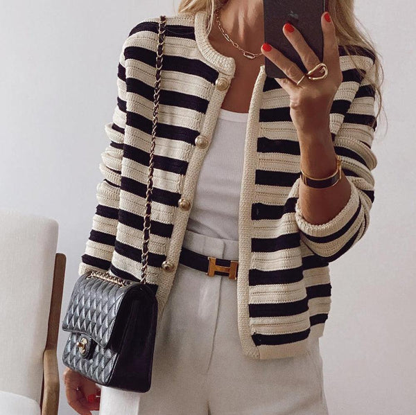 Women's Colour Block Striped Button Cardigan