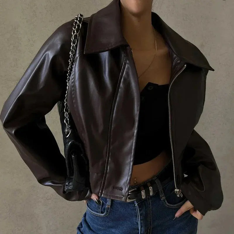 Aveline | Women's Cropped Moto Oversized Leather Jacket