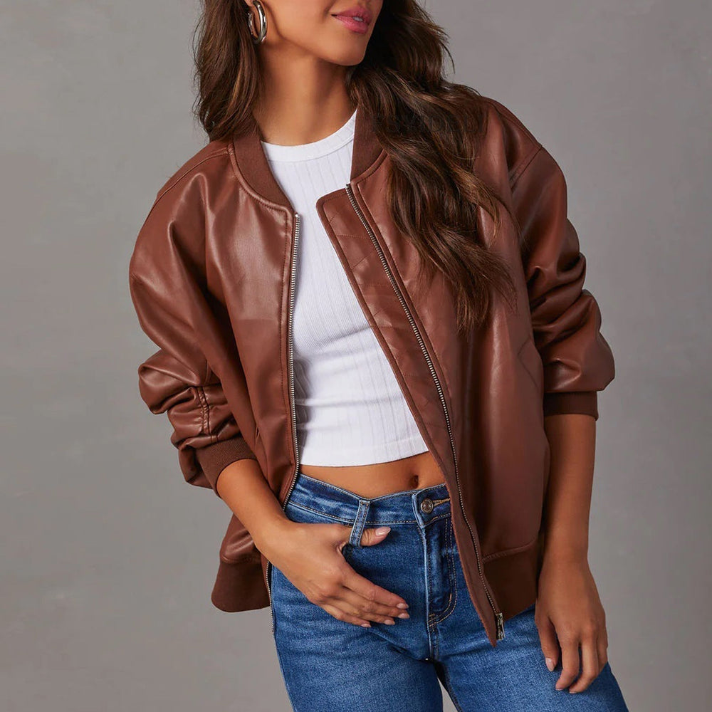 Avery | Women's Oversized Bomber Leather Jacket Faux