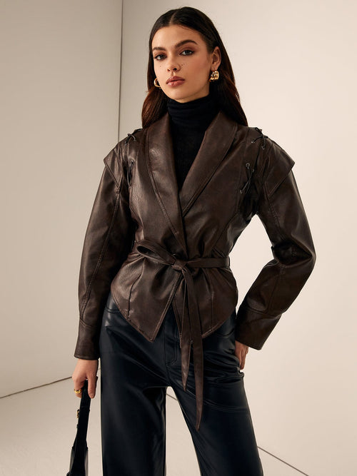 Women's Lace-Up Belted Leather Jacket