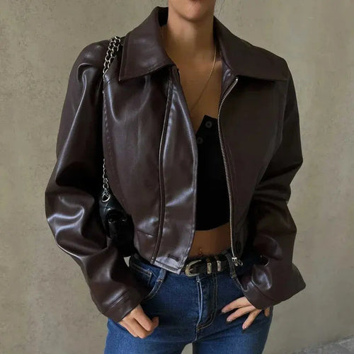 Women's Short Wide-Collar Leather Jacket