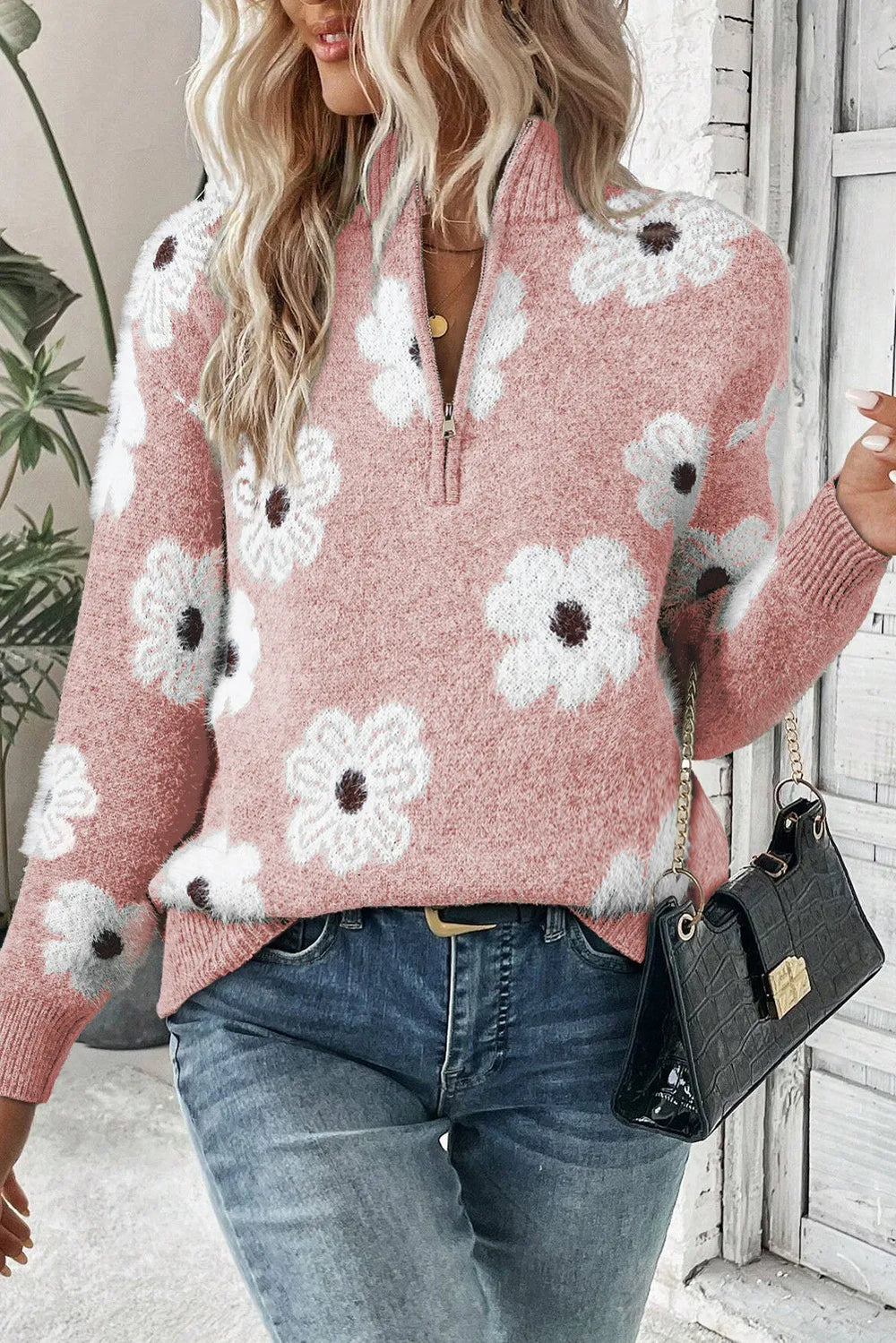 Ilse | Women's Floral Zip up Jumper Knitted