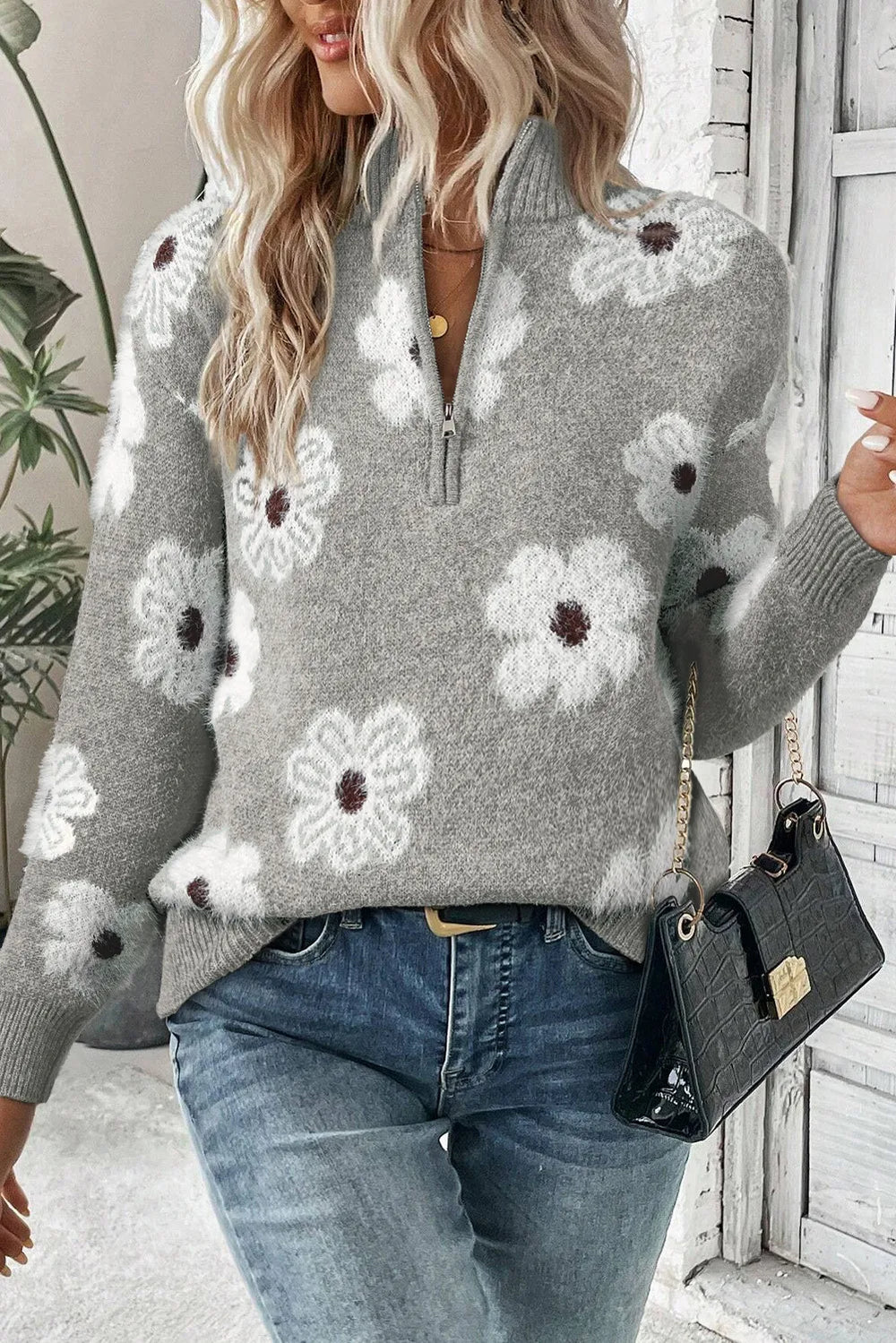 Ilse | Women's Floral Zip up Jumper Knitted