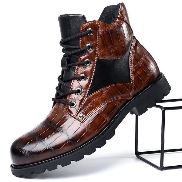 Men's Croc-Effect Lace-Up Leather Boots