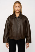 Women's Waist-Belt Zip Leather Jacket