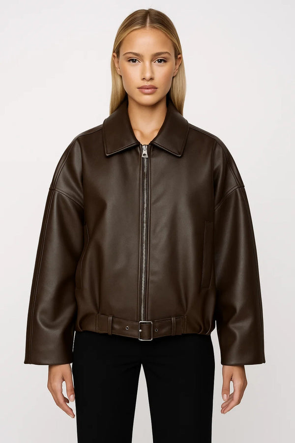 Women's Waist-Belt Zip Leather Jacket