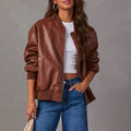 Women's Ribbed-Trim Leather Bomber Jacket