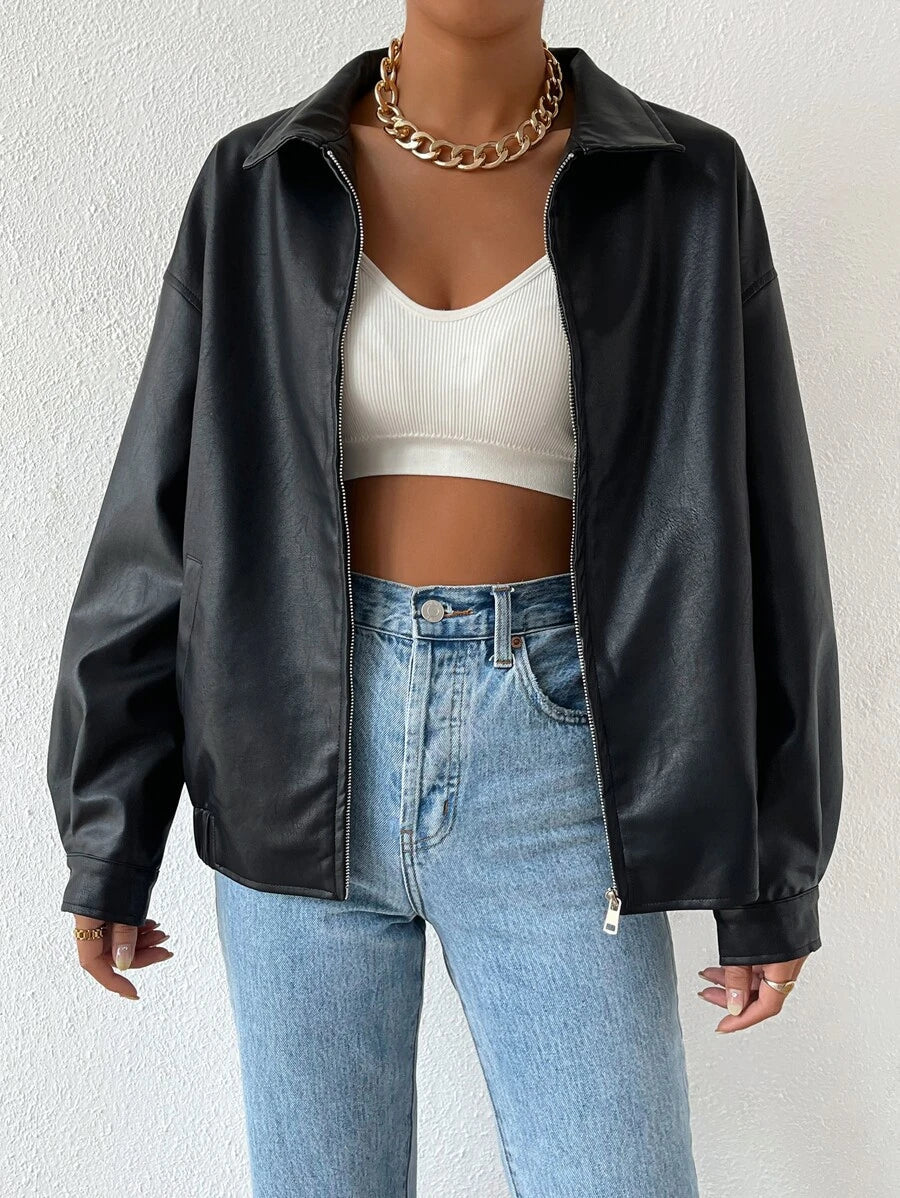 Women's Oversized Collared Leather Jacket