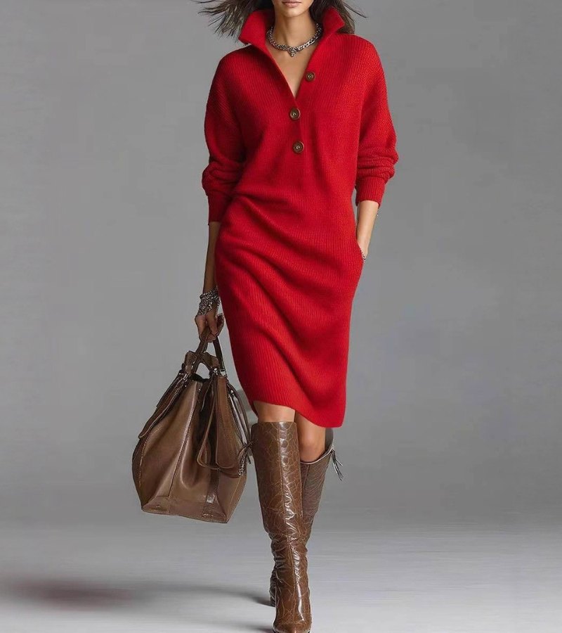 Selina | Women's Button Collar Knit Jumper Dress