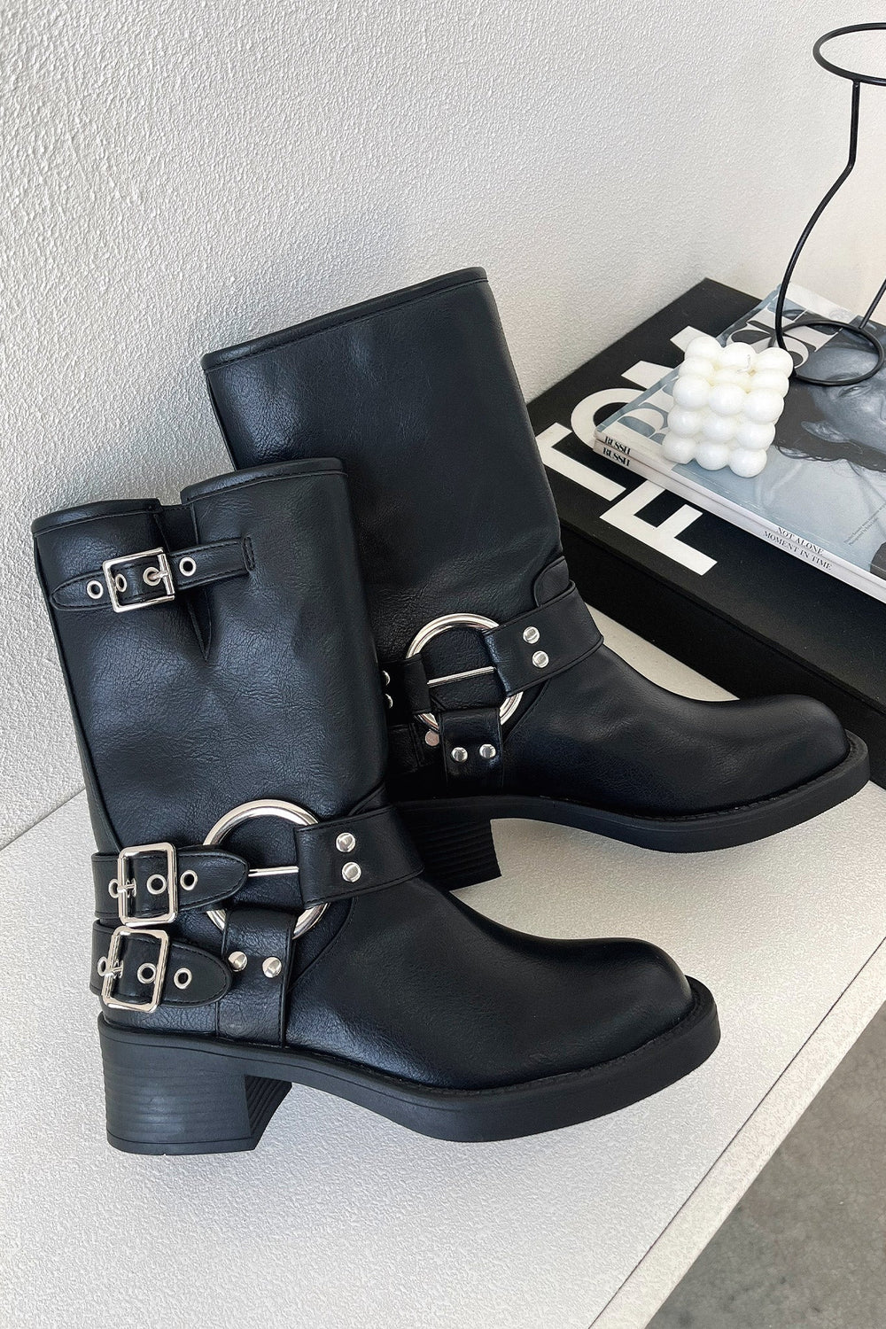 Women's Buckle Harness Chunky Heel Ankle Boots